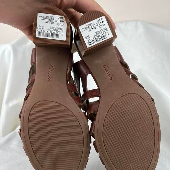 Clarks Artisan Woven Brown Leather Sandals Block Heel Earthy Neutral Size 8 M - Picture 4 of 5